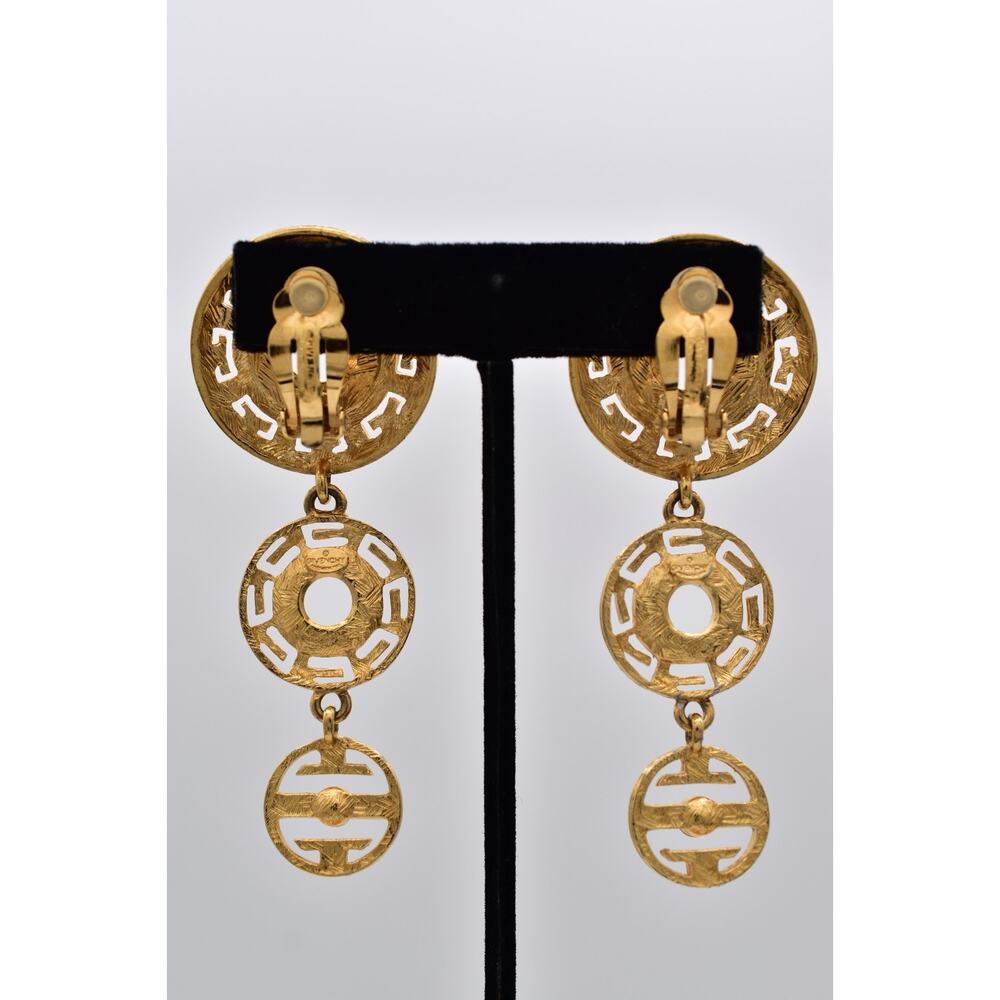 Givenchy Vintage Runway Logo Drop Clip On Earrings Gold Rhinestone Dangle Bin5 - Picture 10 of 12